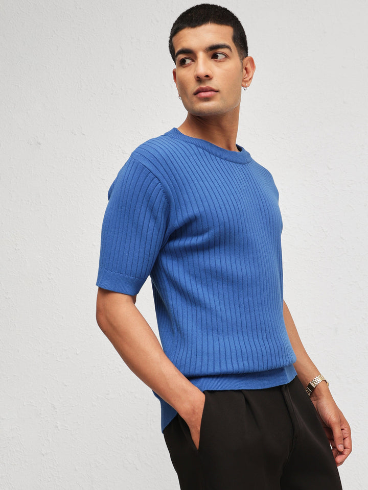 Men Blue Relax Fit Round Neck T-Shirt