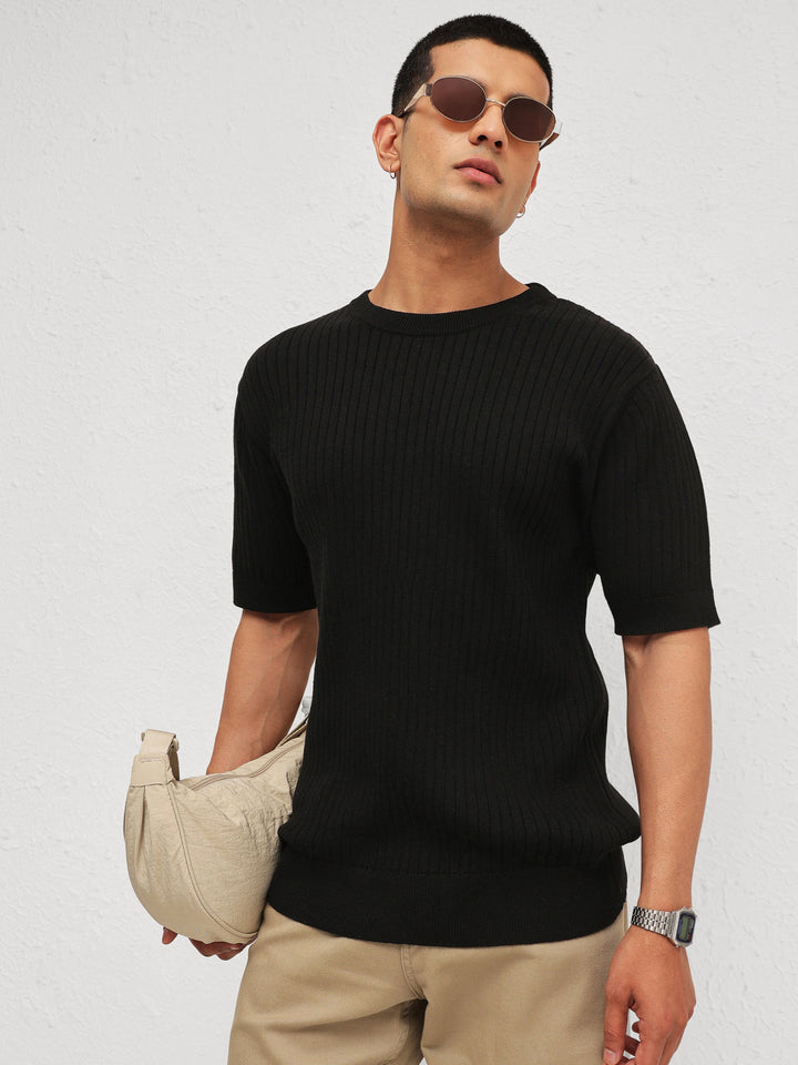 Men Black Relax Fit Round Neck T-Shirt