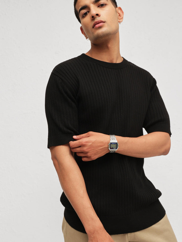 Men Black Relax Fit Round Neck T-Shirt