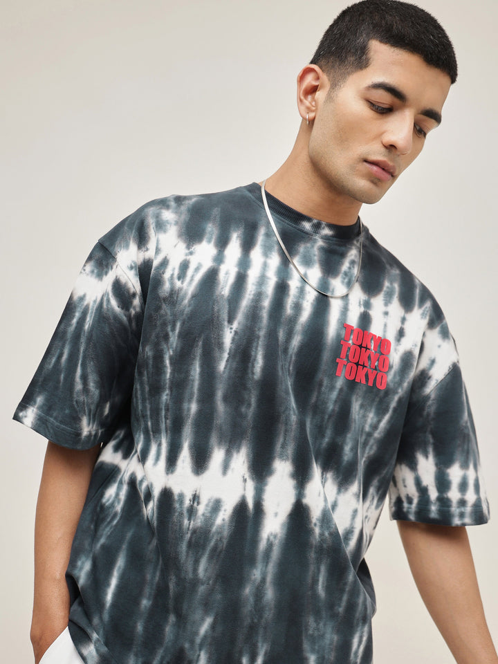 Men Black &amp; White Tie-dye TOKYO Oversize T-Shirt