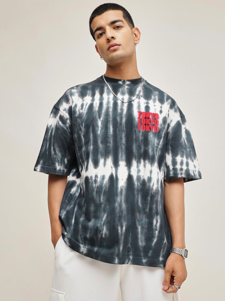 Men Black &amp; White Tie-dye TOKYO Oversize T-Shirt