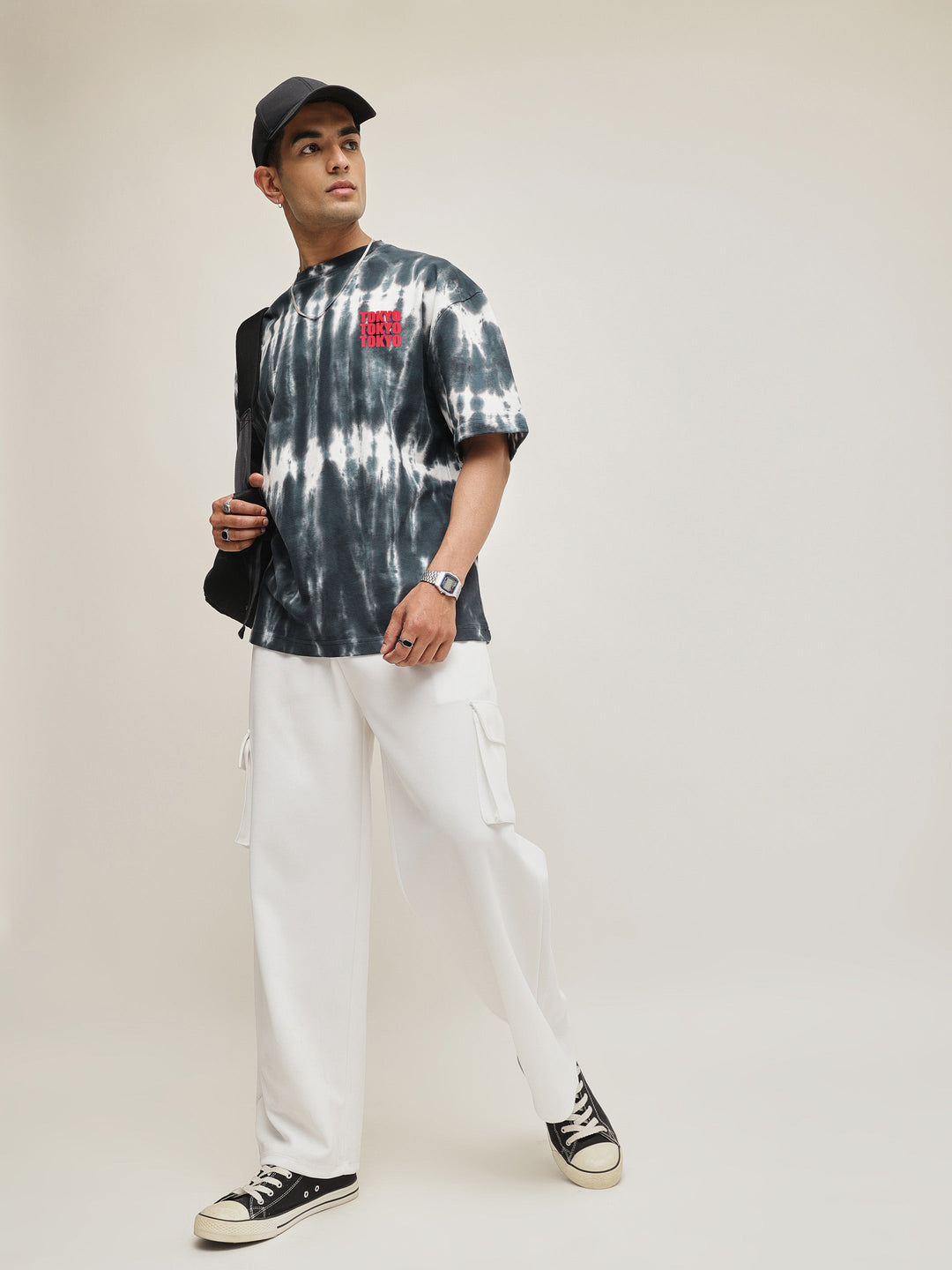 Men Black &amp; White Tie-dye TOKYO Oversize T-Shirt