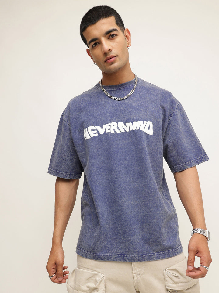 Men Navy Blue Overdye NEVERMIND Oversize T-Shirt