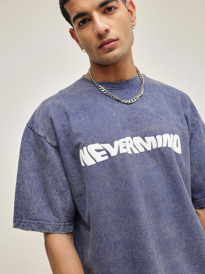 Men Navy Blue Overdye NEVERMIND Oversize T-Shirt