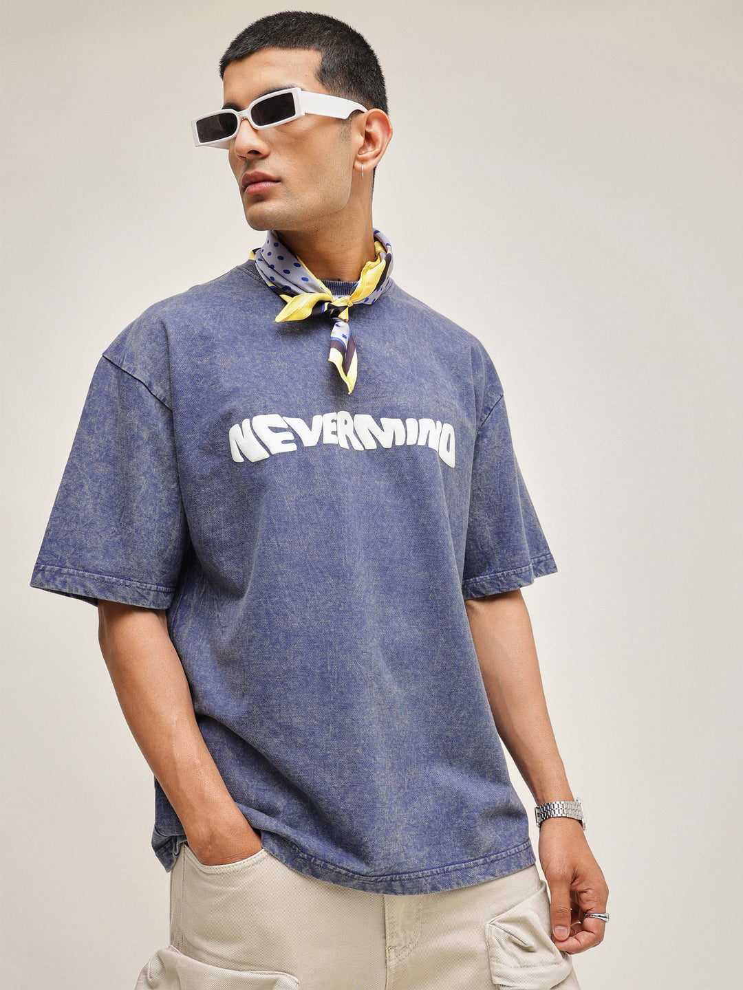 Men Navy Blue Overdye NEVERMIND Oversize T-Shirt