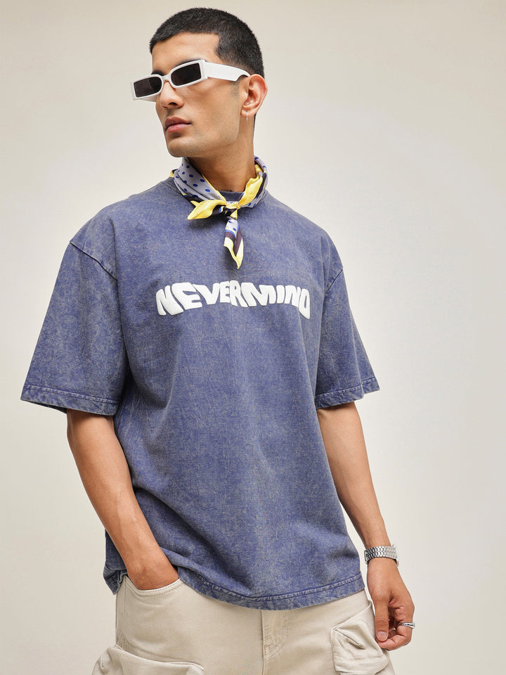 Men Navy Blue Overdye NEVERMIND Oversize T-Shirt