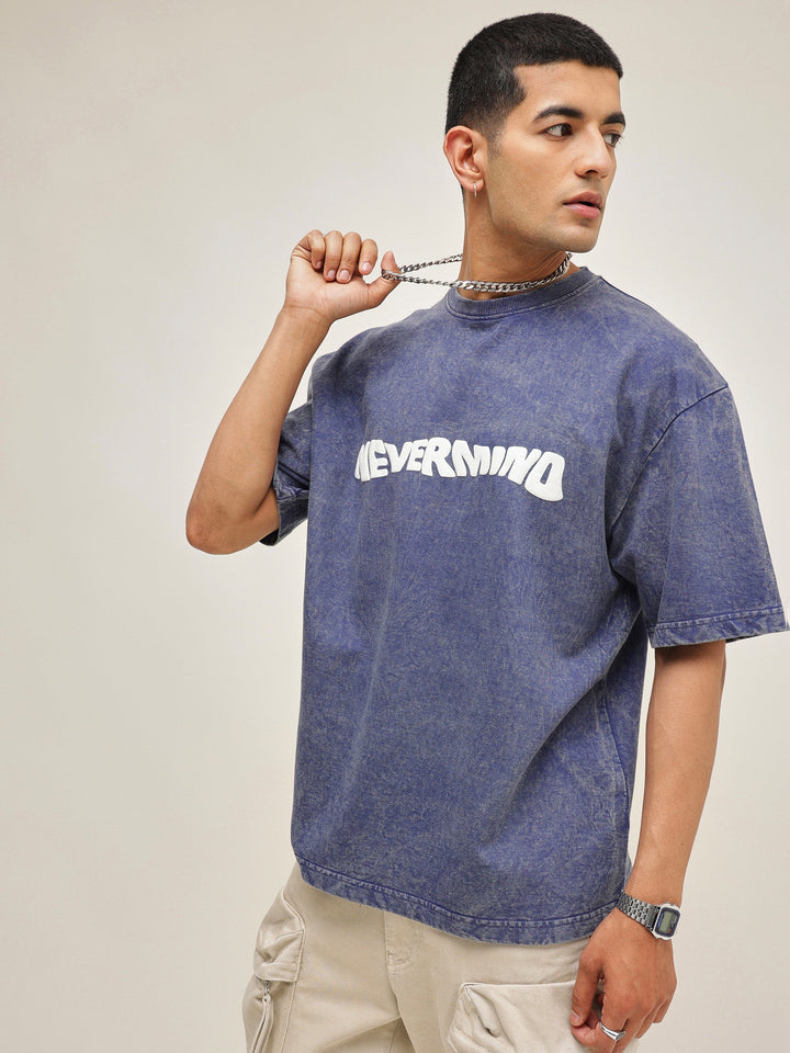 Men Navy Blue Overdye NEVERMIND Oversize T-Shirt