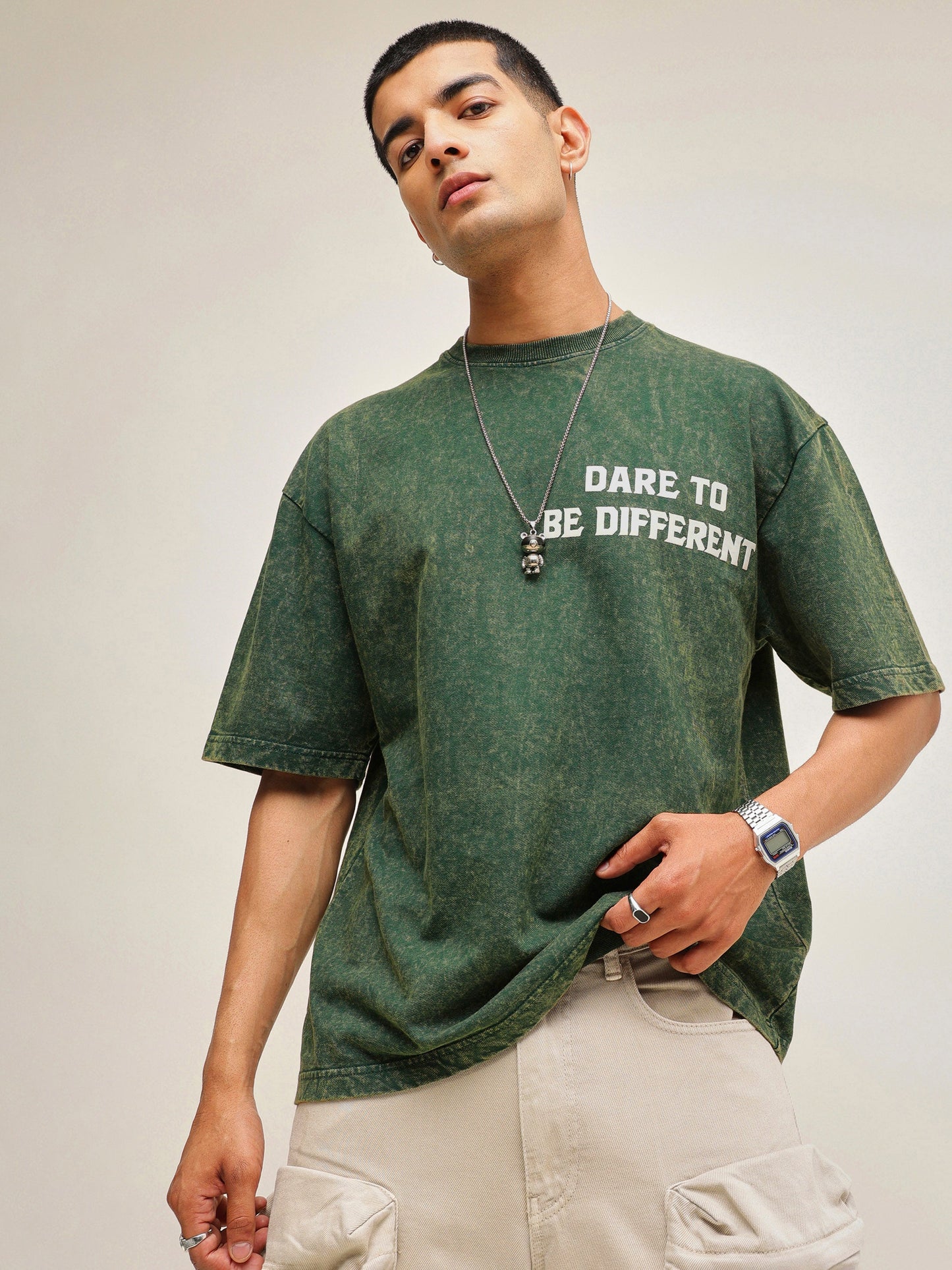 Men Emerald Green Overdye DARE TO BE DIFFERENT Oversize T-Shirt