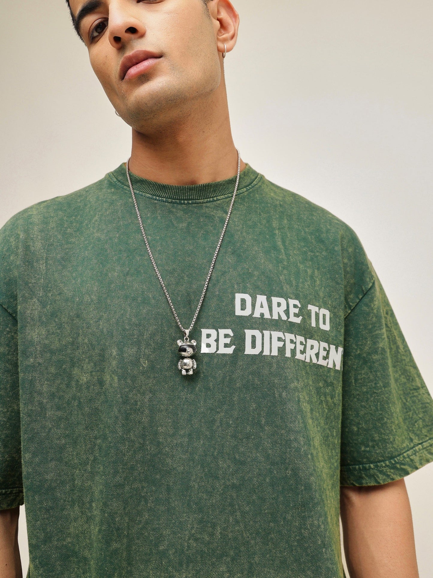 Men Emerald Green Overdye DARE TO BE DIFFERENT Oversize T-Shirt