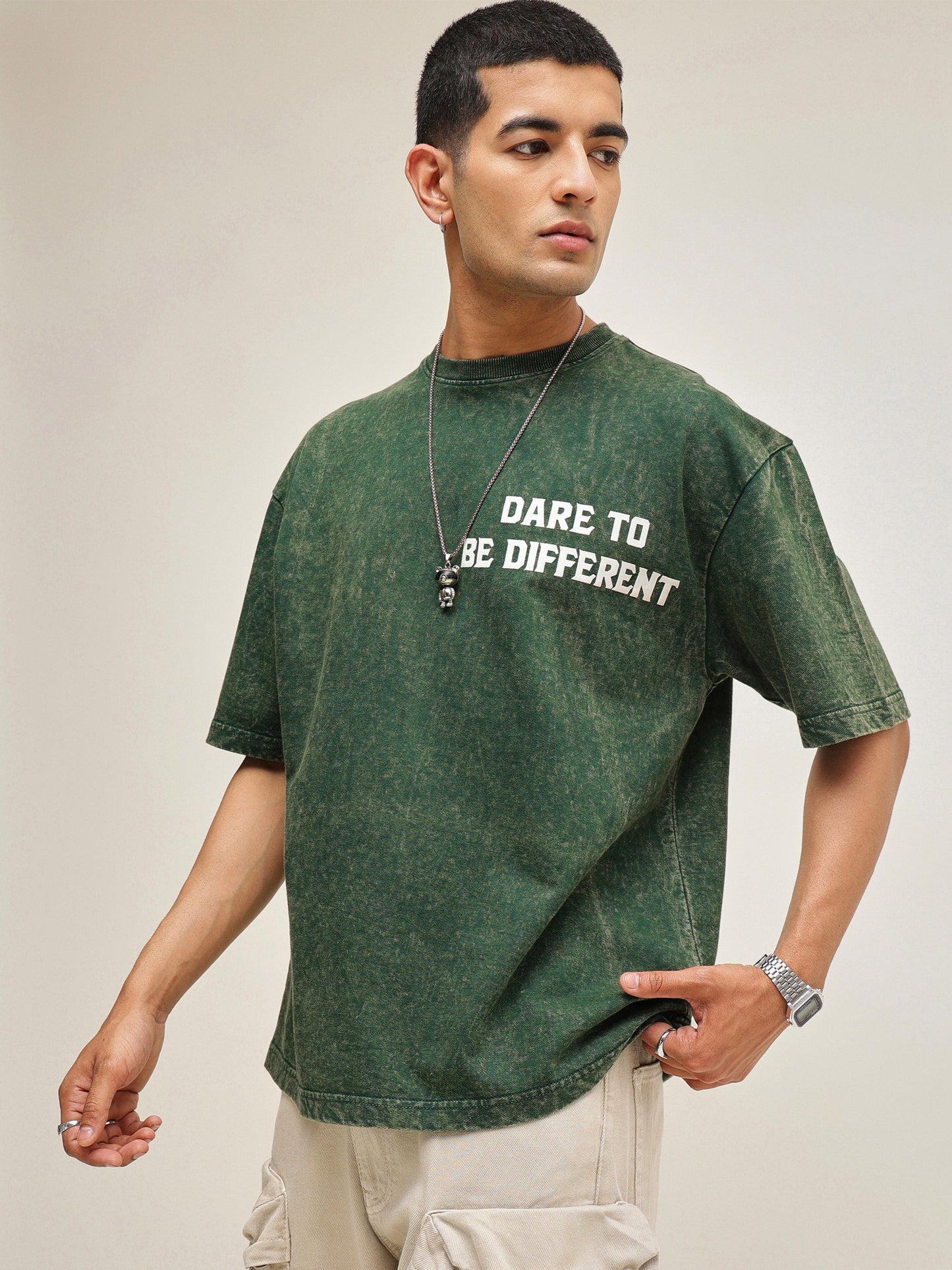 Men Emerald Green Overdye DARE TO BE DIFFERENT Oversize T-Shirt