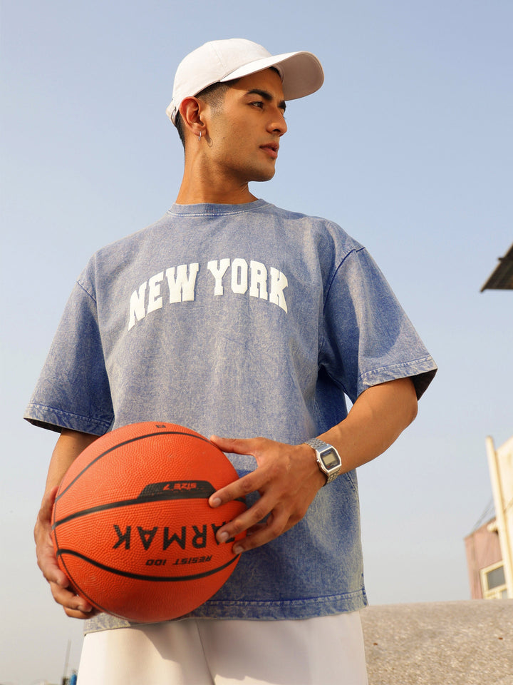 Men Blue Overdye NEW YORK Oversize T-Shirt