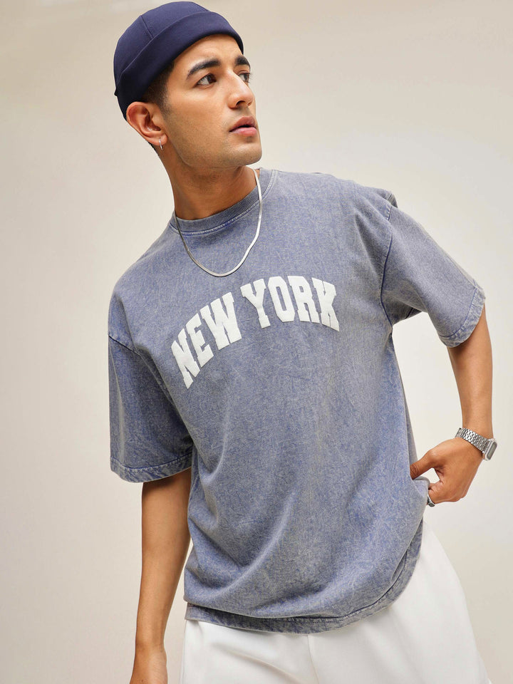 Men Blue Overdye NEW YORK Oversize T-Shirt