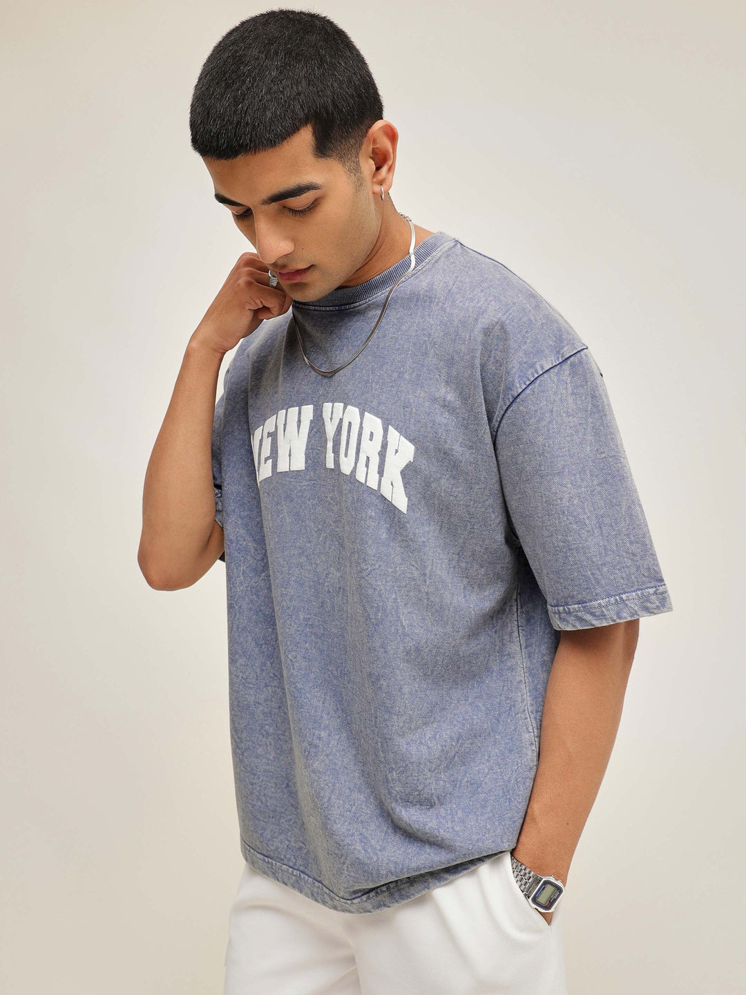 Men Blue Overdye NEW YORK Oversize T-Shirt