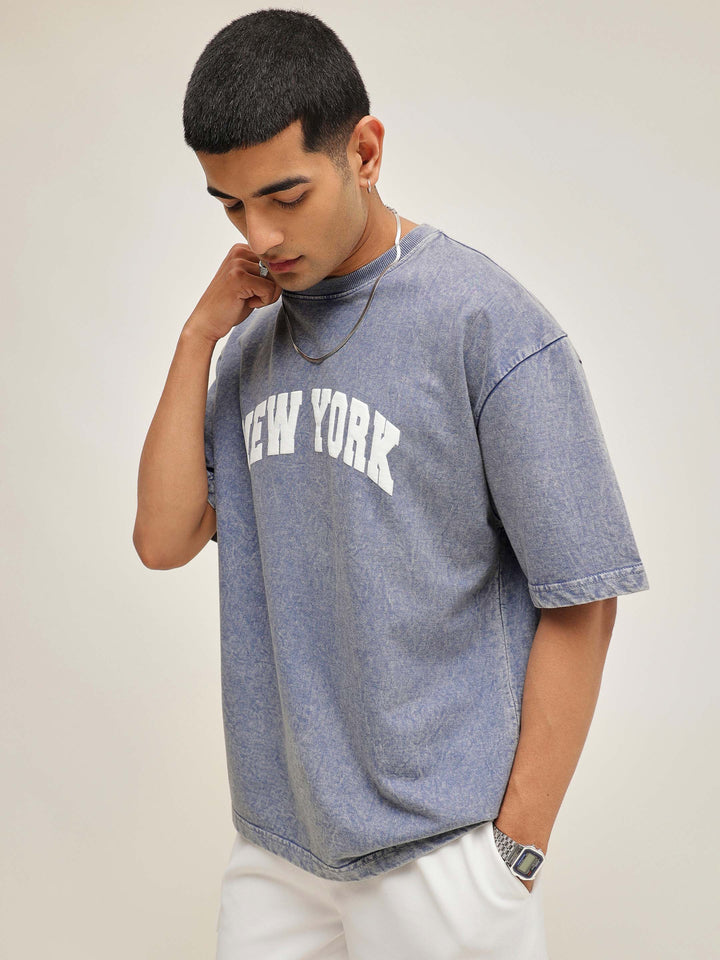 Men Blue Overdye NEW YORK Oversize T-Shirt