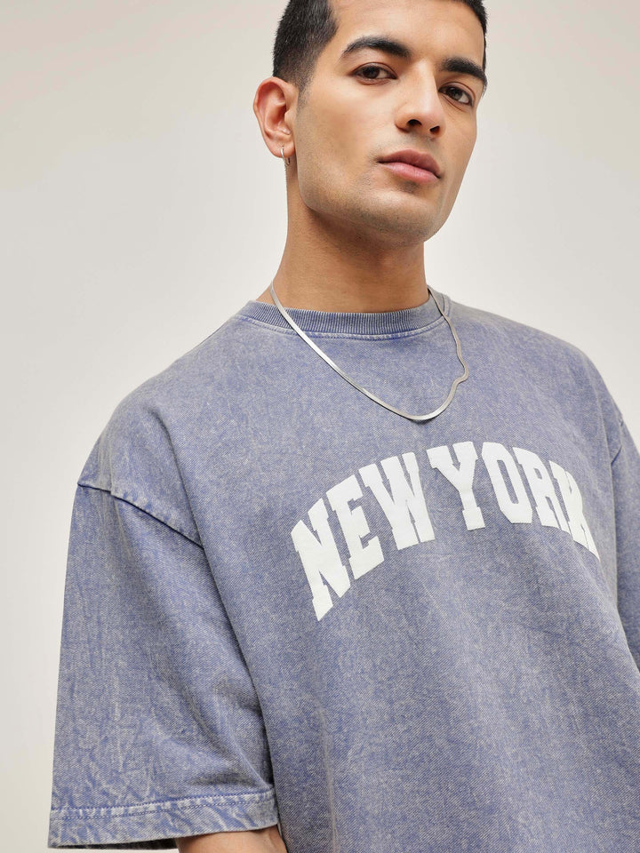 Men Blue Overdye NEW YORK Oversize T-Shirt