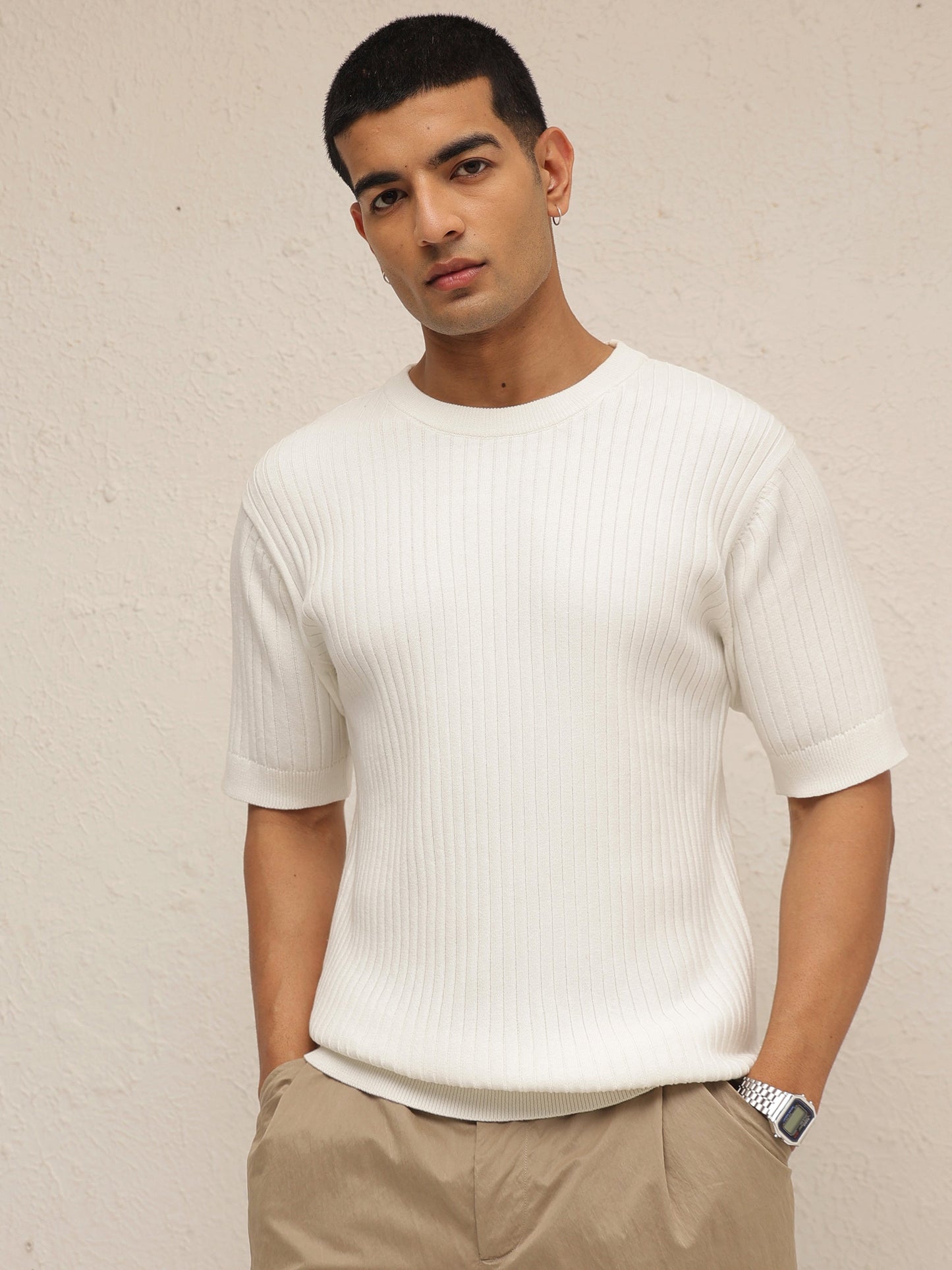Men White Relax Fit Round Neck T-Shirt