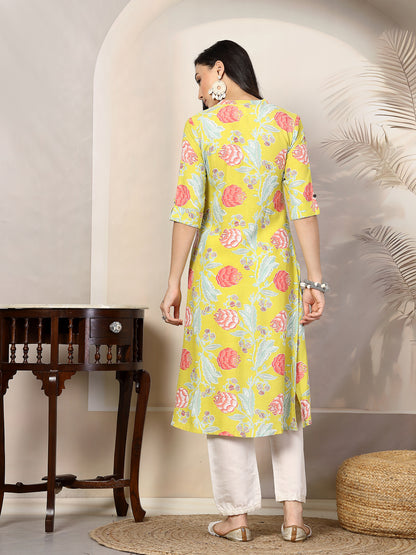 Multicolor Floral Printed Rayon A-Line Kurta