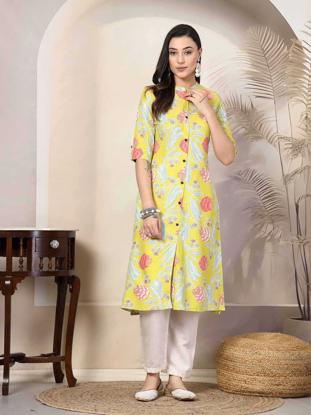 Multicolor Floral Printed Rayon A-Line Kurta