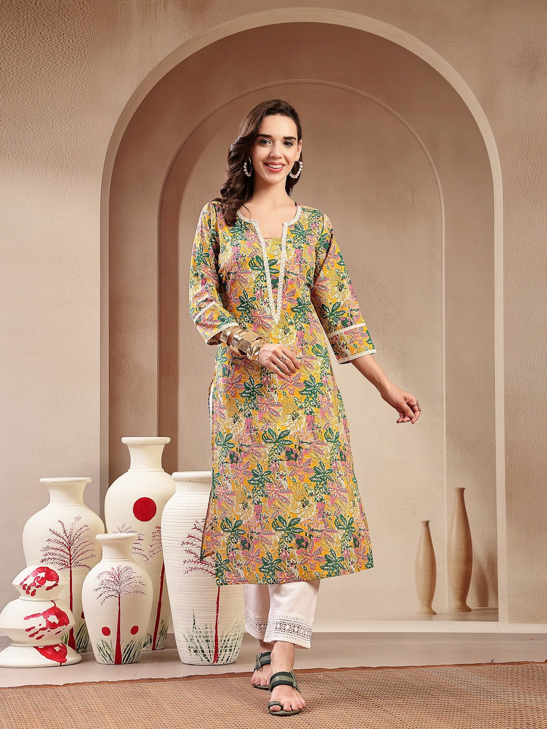 Mustard Botanical Printed Straight Cotton Kurta