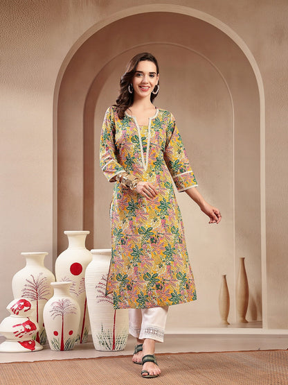 Mustard Botanical Printed Straight Cotton Kurta