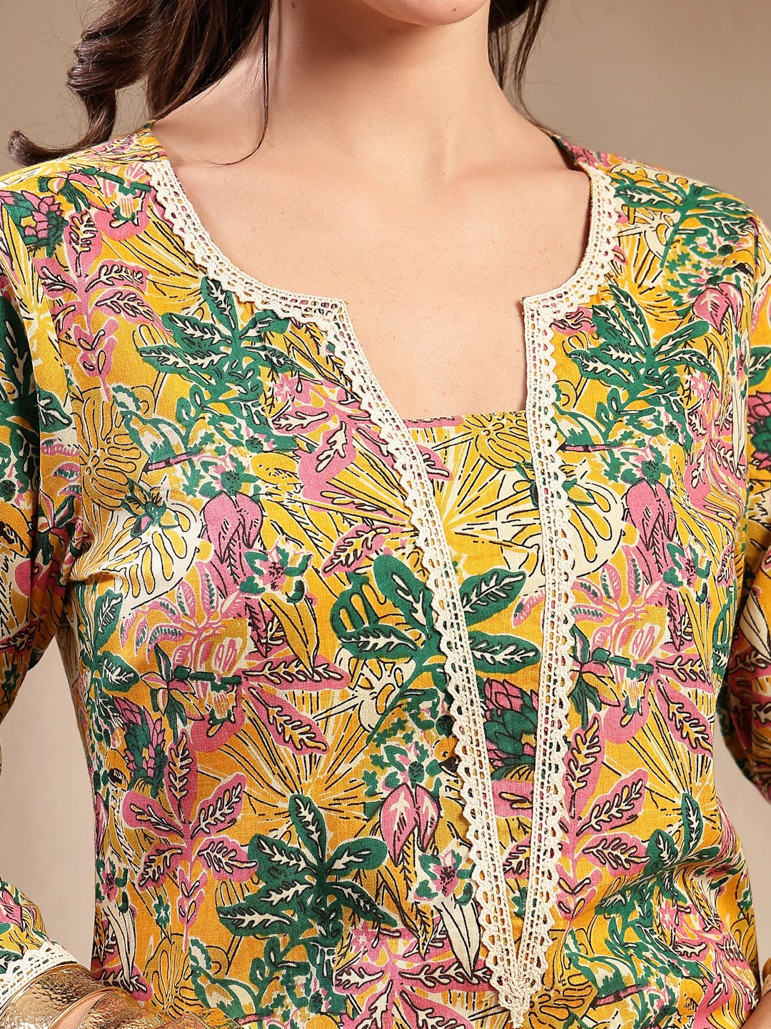Mustard Botanical Printed Straight Cotton Kurta