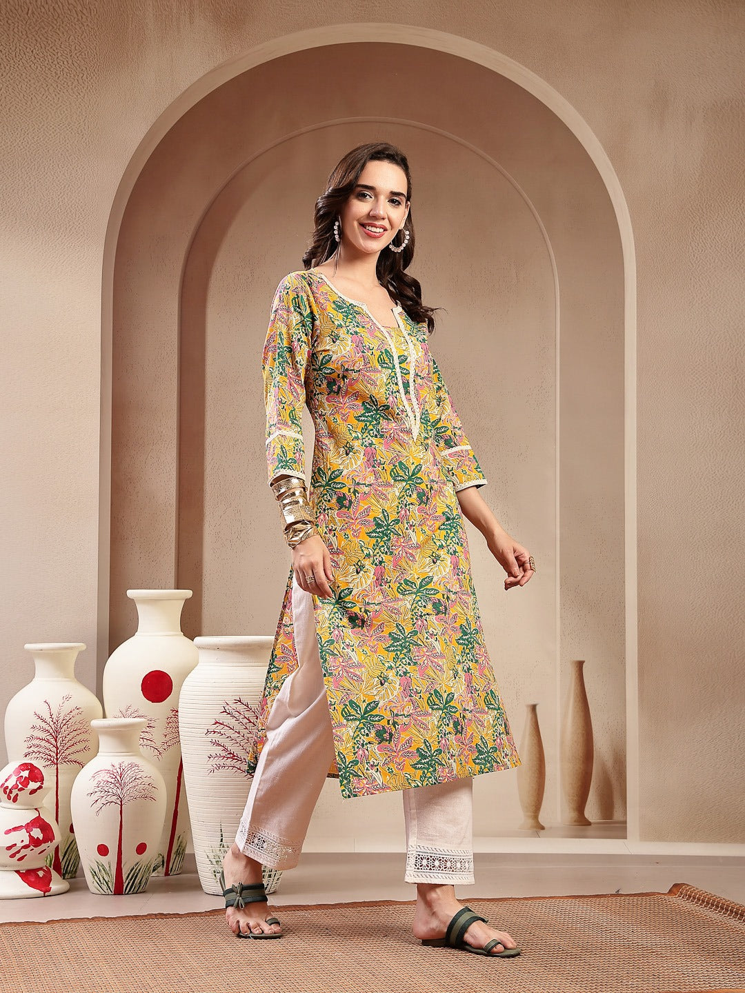 Mustard Botanical Printed Straight Cotton Kurta