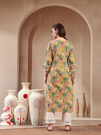 Mustard Botanical Printed Straight Cotton Kurta