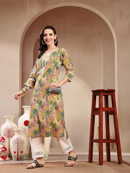 Mustard Botanical Printed Straight Cotton Kurta