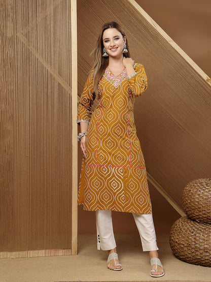 Bandhej Printed & Embroidered Cotton Straight Kurta