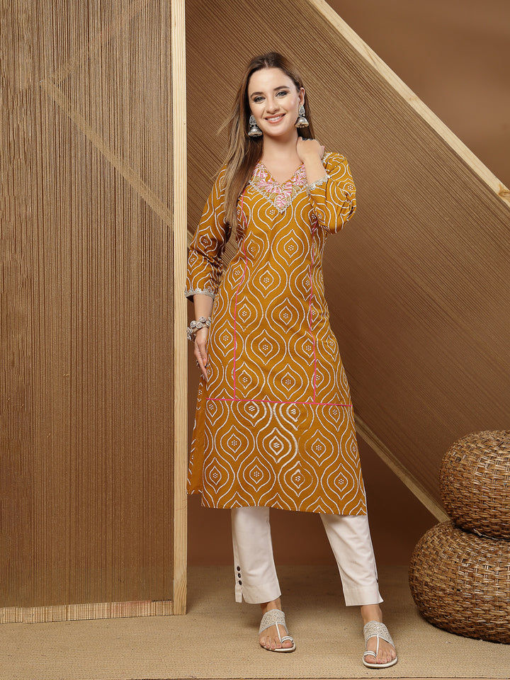 Bandhej Printed &amp; Embroidered Cotton Straight Kurta