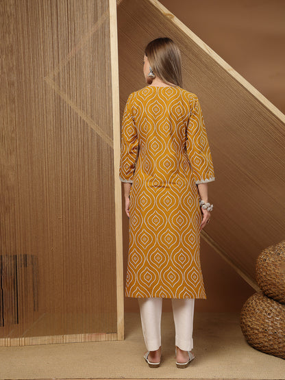 Bandhej Printed & Embroidered Cotton Straight Kurta