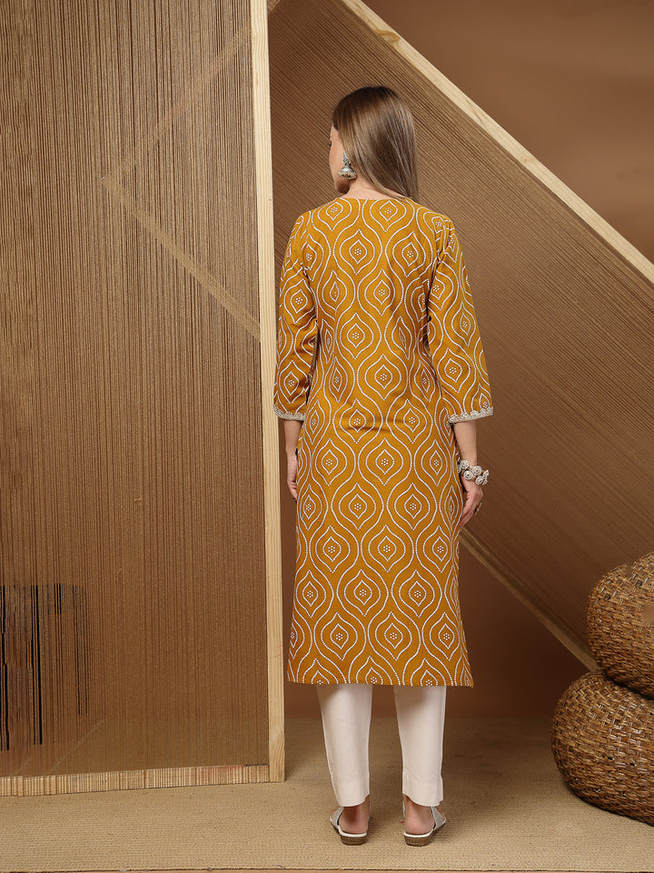 Bandhej Printed &amp; Embroidered Cotton Straight Kurta