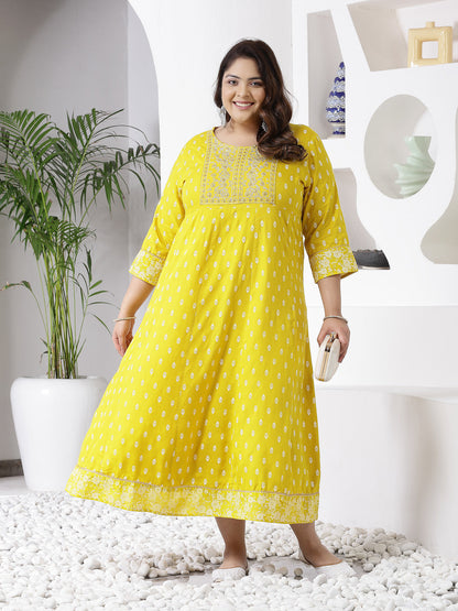 Plus Size Printed & Embroidered Rayon Anarkali Kurta (Pre-Order)