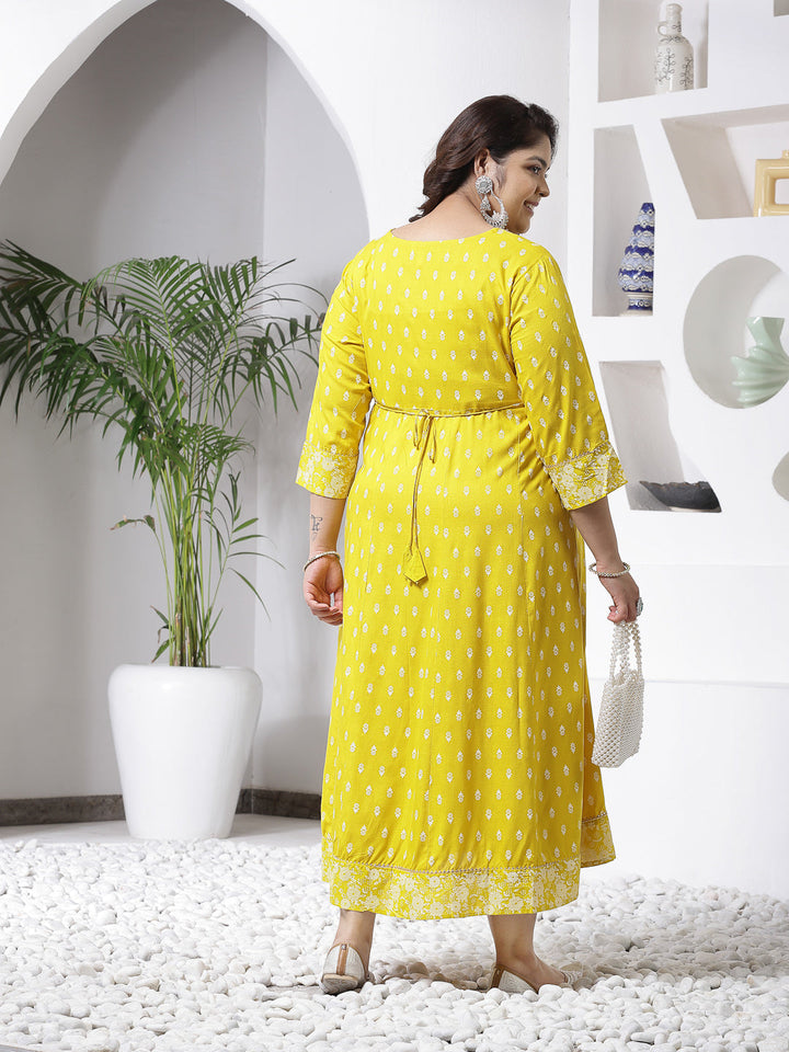 Plus Size Printed &amp; Embroidered Rayon Anarkali Kurta