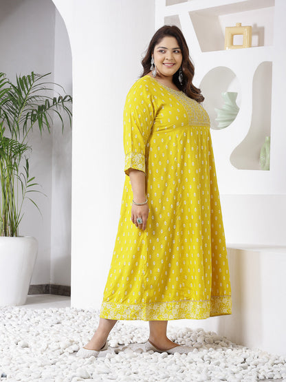 Plus Size Printed & Embroidered Rayon Anarkali Kurta (Pre-Order)