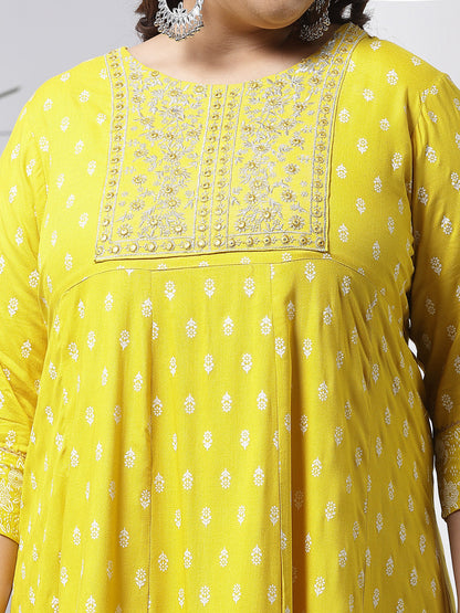 Plus Size Printed & Embroidered Rayon Anarkali Kurta