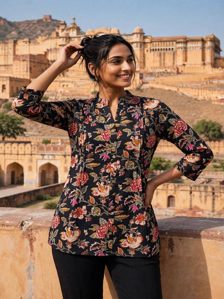 Floral Printed Cotton Pintuck Hip Length Top