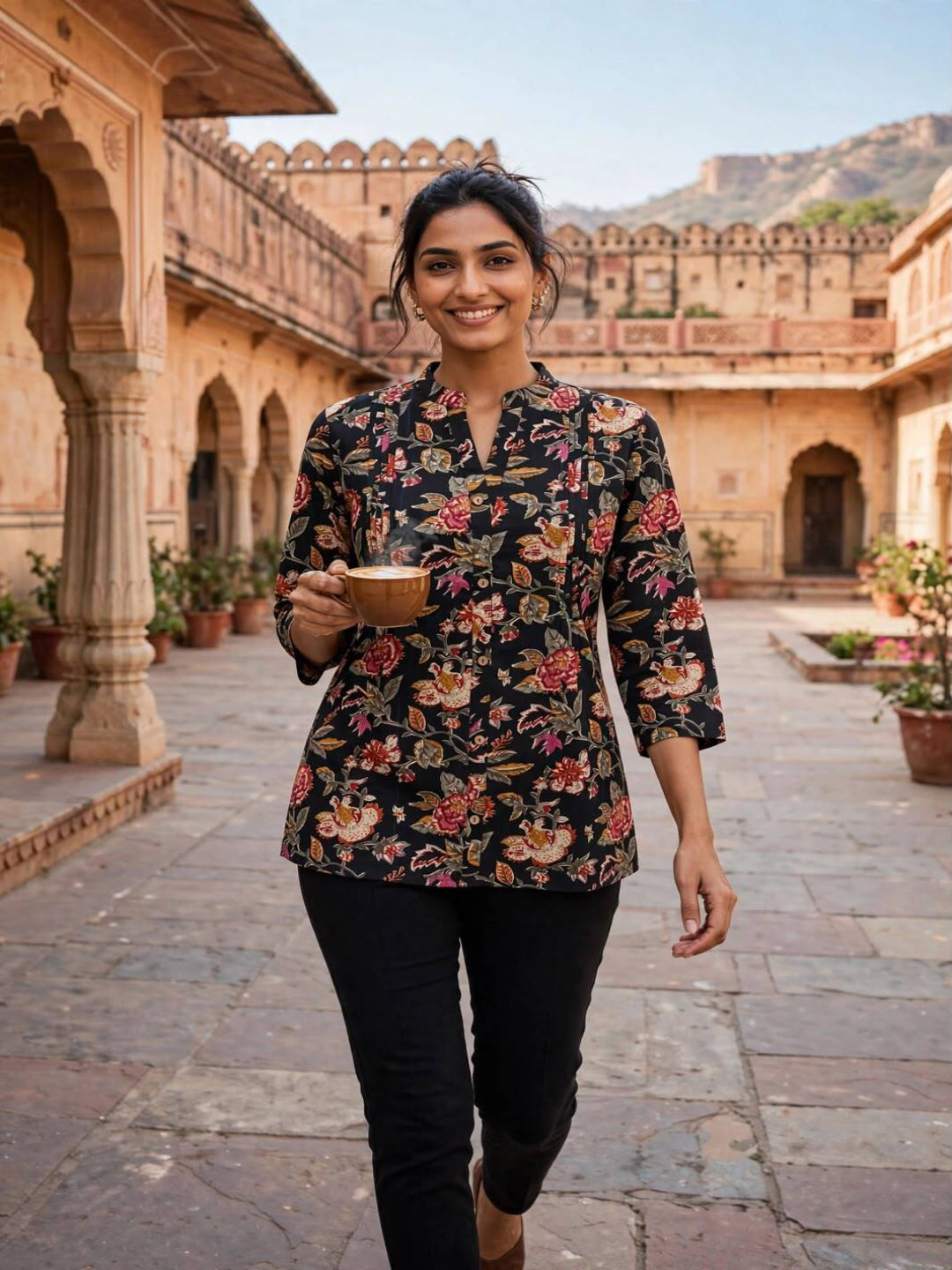 Floral Printed Cotton Pintuck Hip Length Top