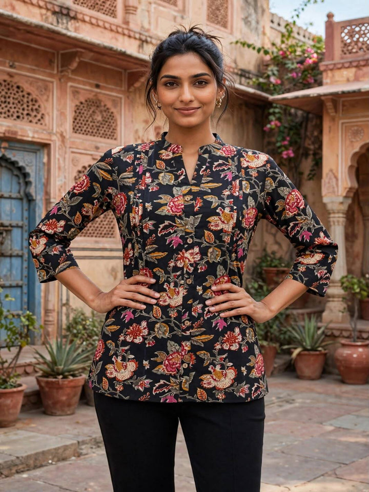 Floral Printed Cotton Pintuck Hip Length Top