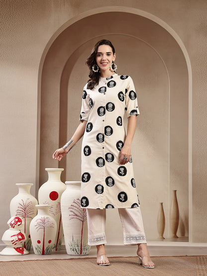 White Floral Printed Cotton Flax A-Line Kurta