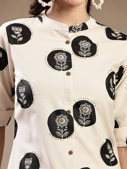 White Floral Printed Cotton Flax A-Line Kurta