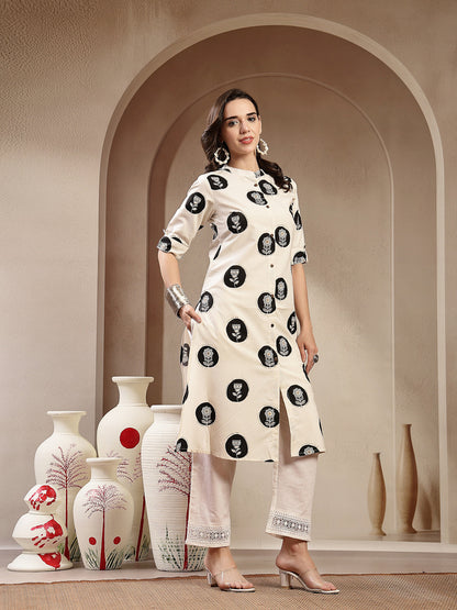 White Floral Printed Cotton Flax A-Line Kurta