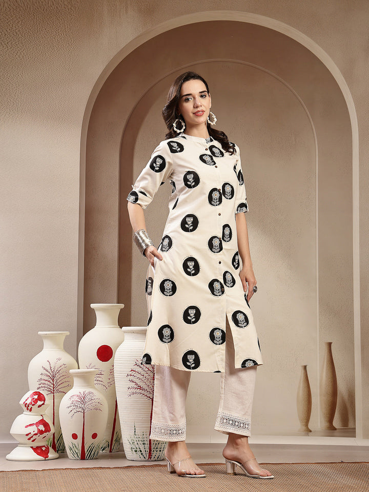 White Floral Printed Cotton Flax A-Line Kurta