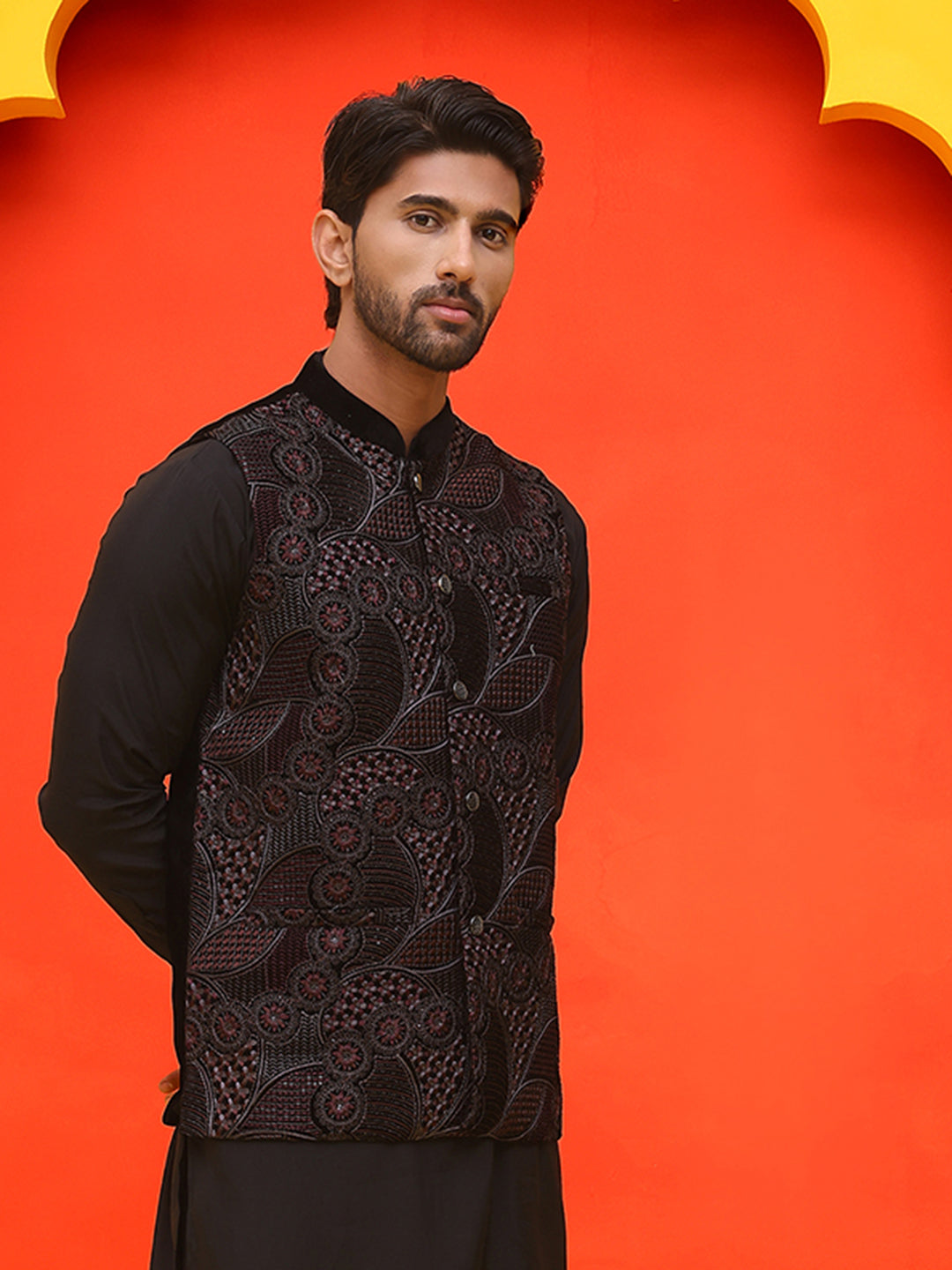 Black Embroidered Velvet Nehru Jacket For Men