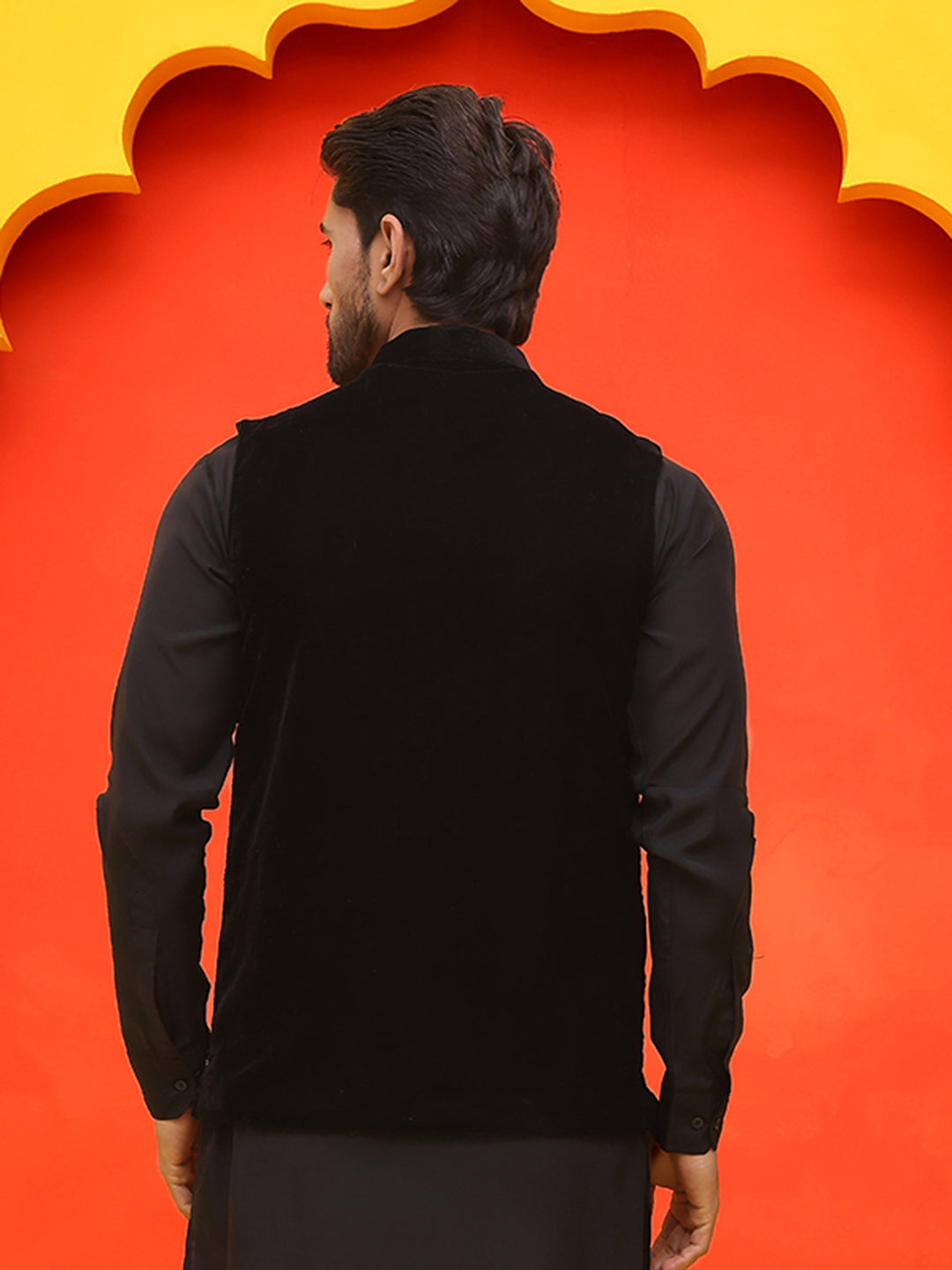 Black Embroidered Velvet Nehru Jacket For Men