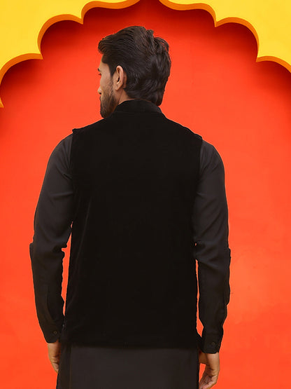 Black Embroidered Velvet Nehru Jacket For Men