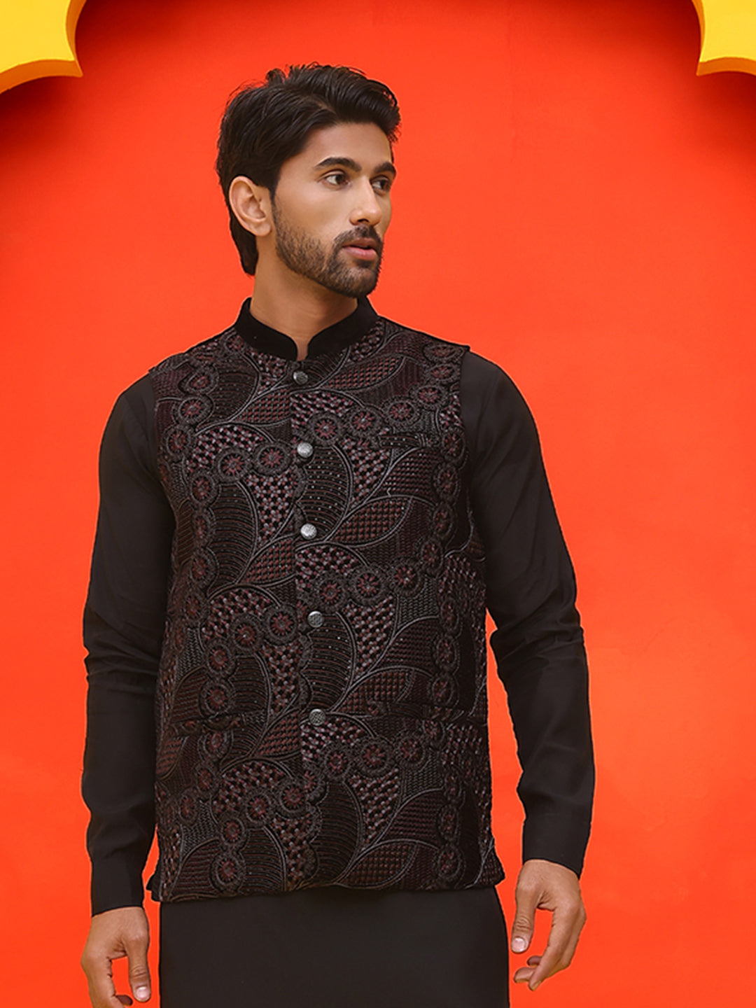 Black Embroidered Velvet Nehru Jacket For Men