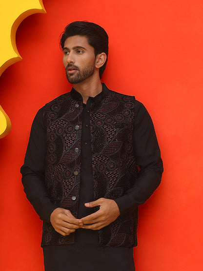 Black Embroidered Velvet Nehru Jacket For Men