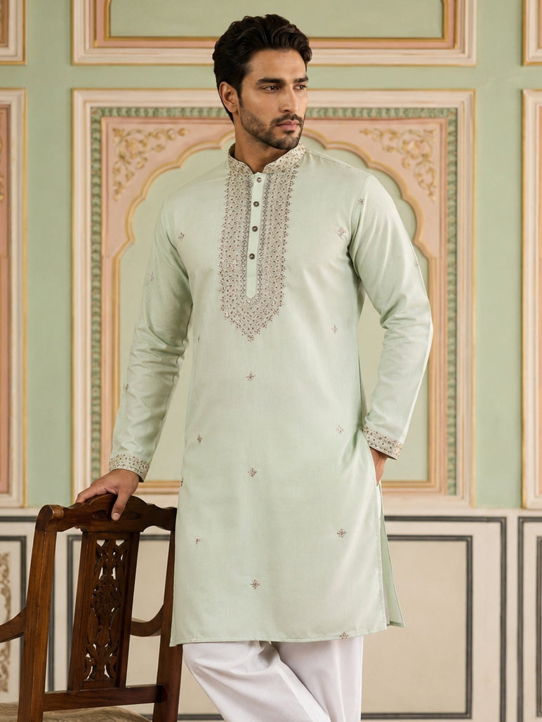 Men’S Silk Blend Embroidered Kurta
