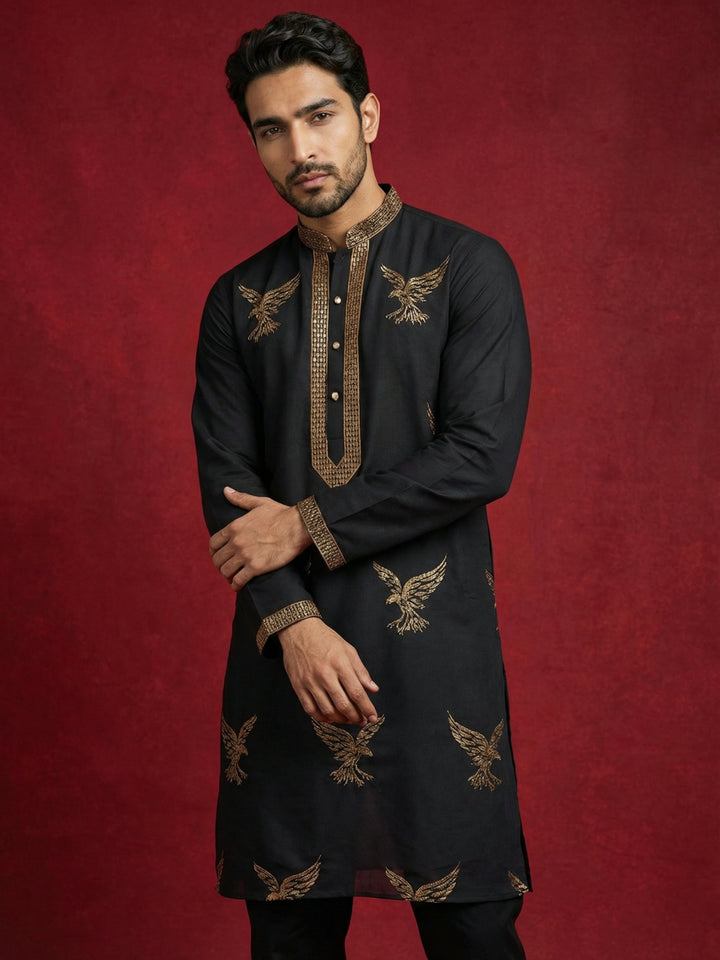 Silk Blend Kurta With Golden Eagle Embroidery